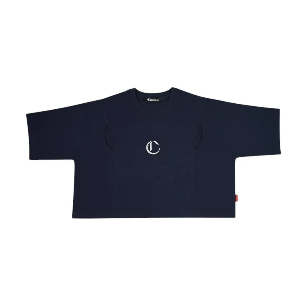 Vallmountbotique navy blue cotton cropped t-shirt with white 'C' logo on chest and ornate graphic print on back.