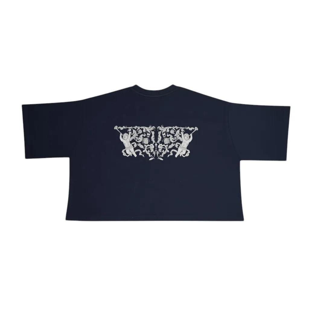 Vallmountbotique navy blue cotton cropped t-shirt with ornate graphic print on back and 'C' logo on chest.