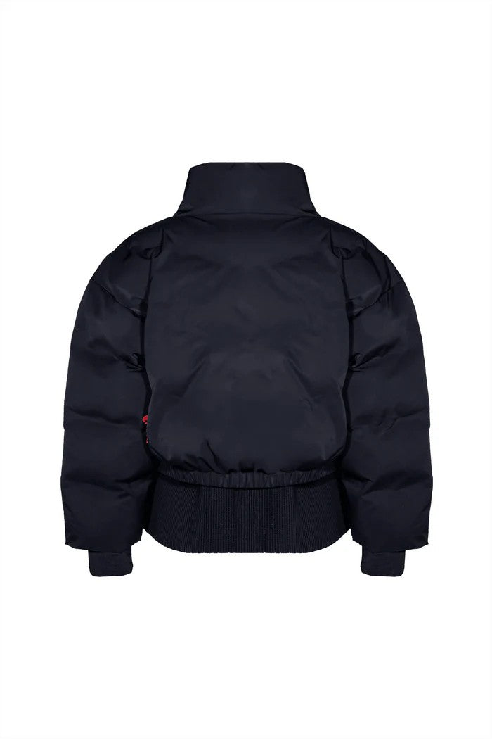vallmountbotique navy blue puffer bomber jacket with high neck, quilted design, and ribbed cuffs and hem.