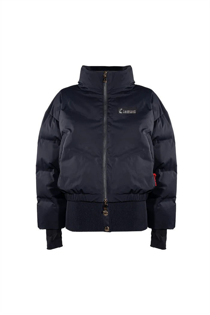 Vallmountbotique navy blue puffer bomber jacket with high neck, quilted design, ribbed cuffs, and full zip closure.