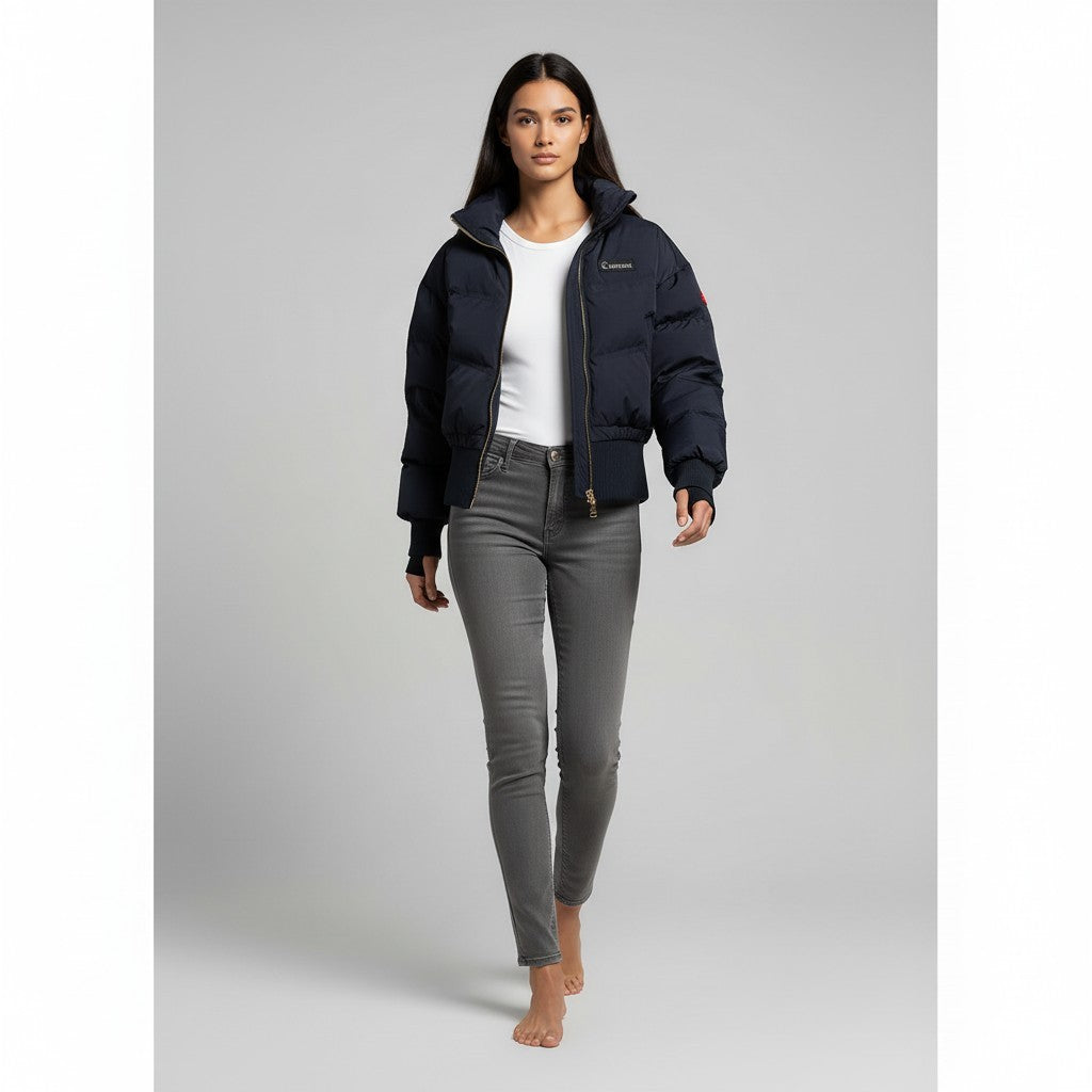 Vallmountbotique navy blue puffer bomber jacket with high neck, quilted design, ribbed cuffs and hem. Model wears white top and grey jeans.