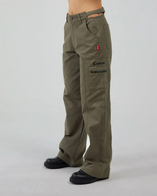 Vallmountbotique olive green cargo pants with cut-out waist detail and embroidered logo.