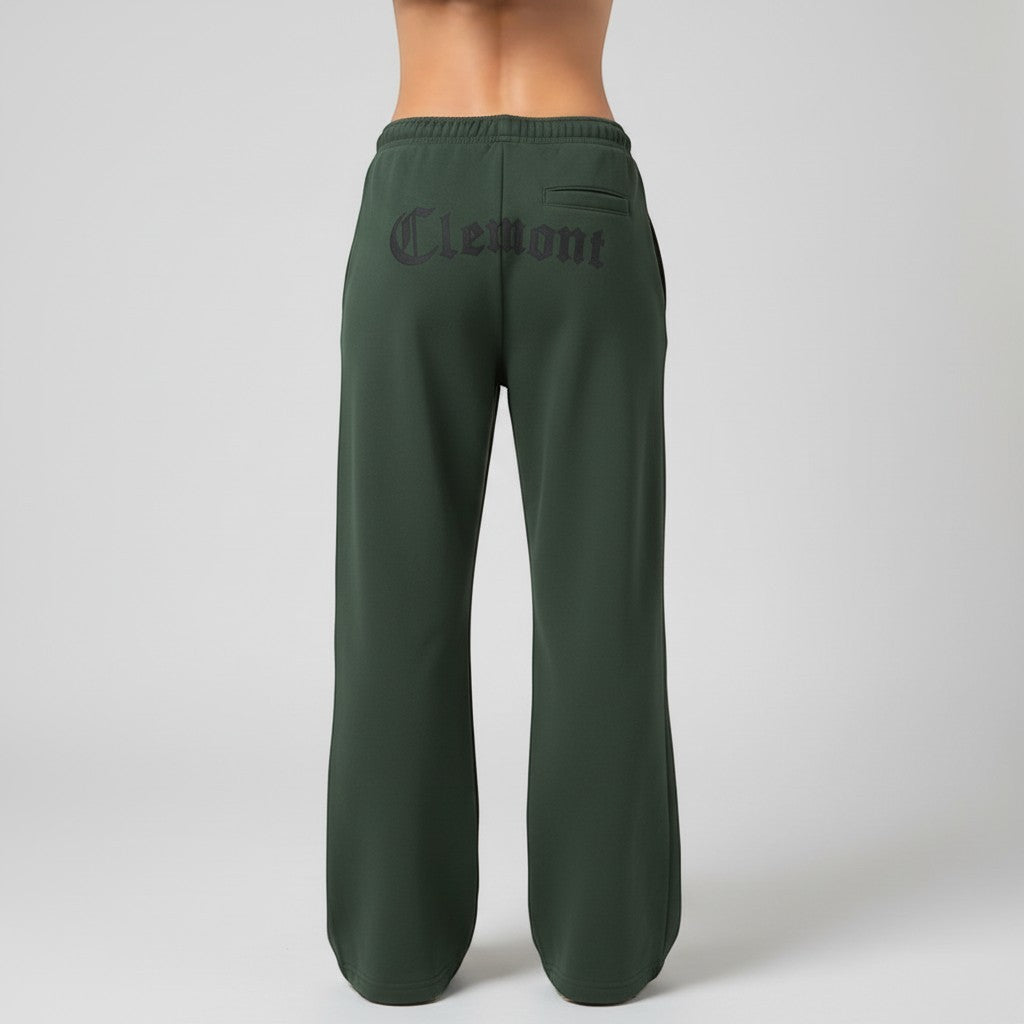 vallmountbotique olive green relaxed fit sweatpants with embroidered logo and side pockets.
