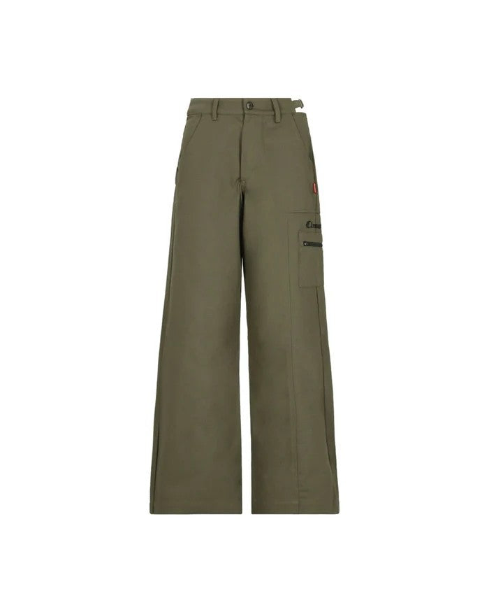 vallmountbotique olive green wide leg cargo pants with zip pockets and adjustable waist detail