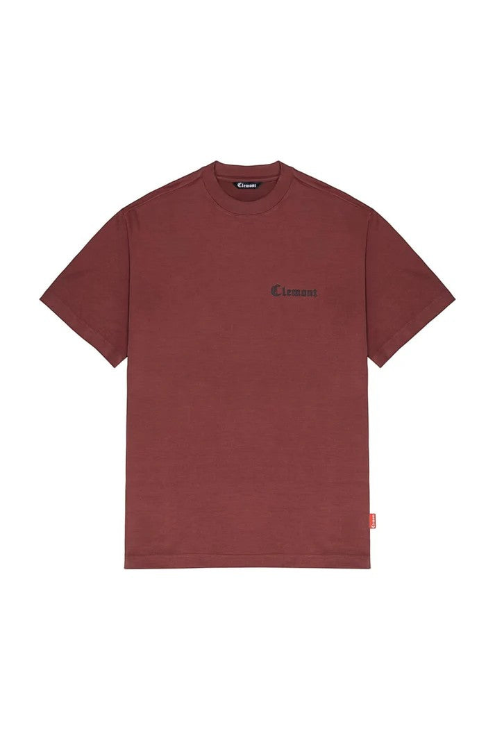 vallmountbotique deep red cotton t-shirt with gothic graphic on chest and ornate back design, relaxed fit