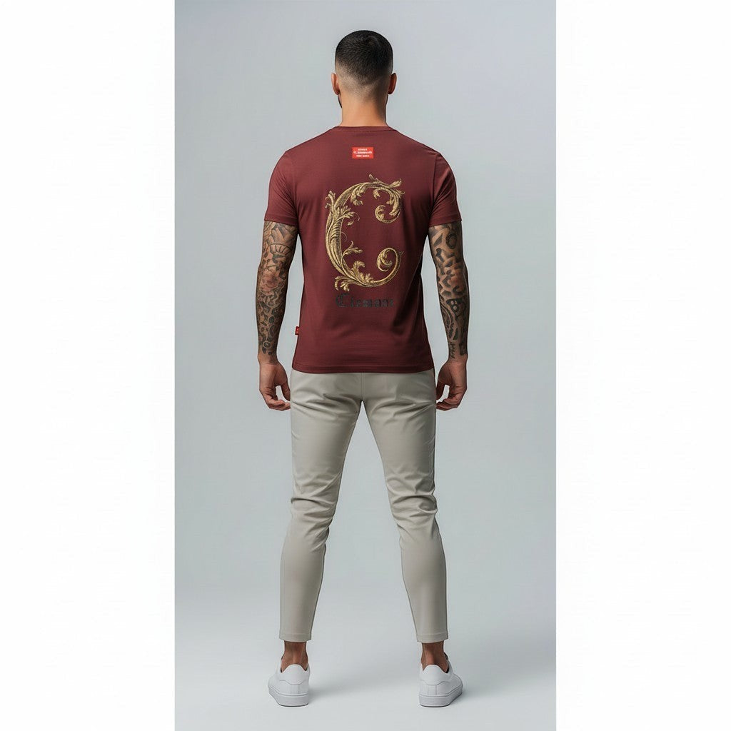 Vallmountbotique deep red cotton t-shirt with ornate gold graphic on back and gothic chest detail. Relaxed fit.