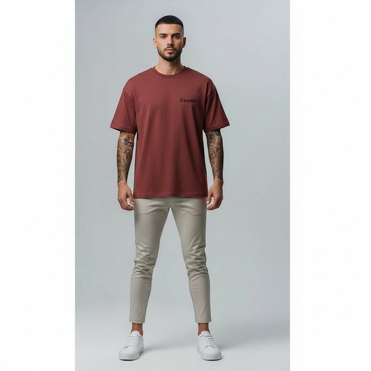 Vallmountbotique oversized deep red cotton t-shirt with gothic graphic on chest and back.
