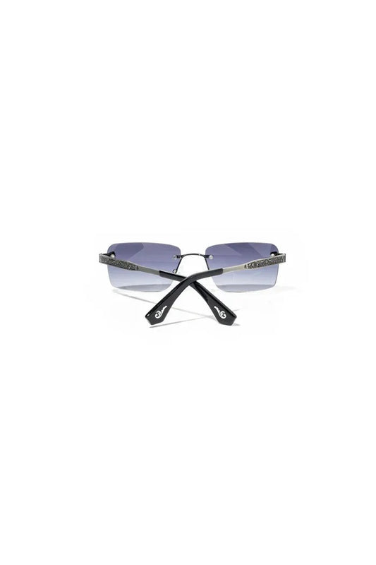 Vallmountbotique rimless rectangular sunglasses with gradient blue lenses and intricate silver-tone temple detailing.