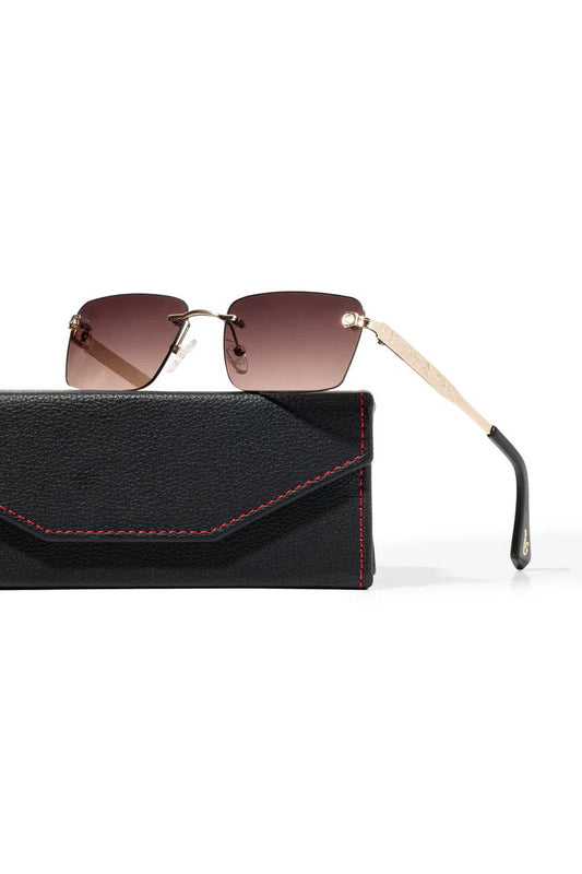 Vallmountbotique rimless square sunglasses with gradient brown lenses, gold-tone metal frame, and crystal embellished temples.