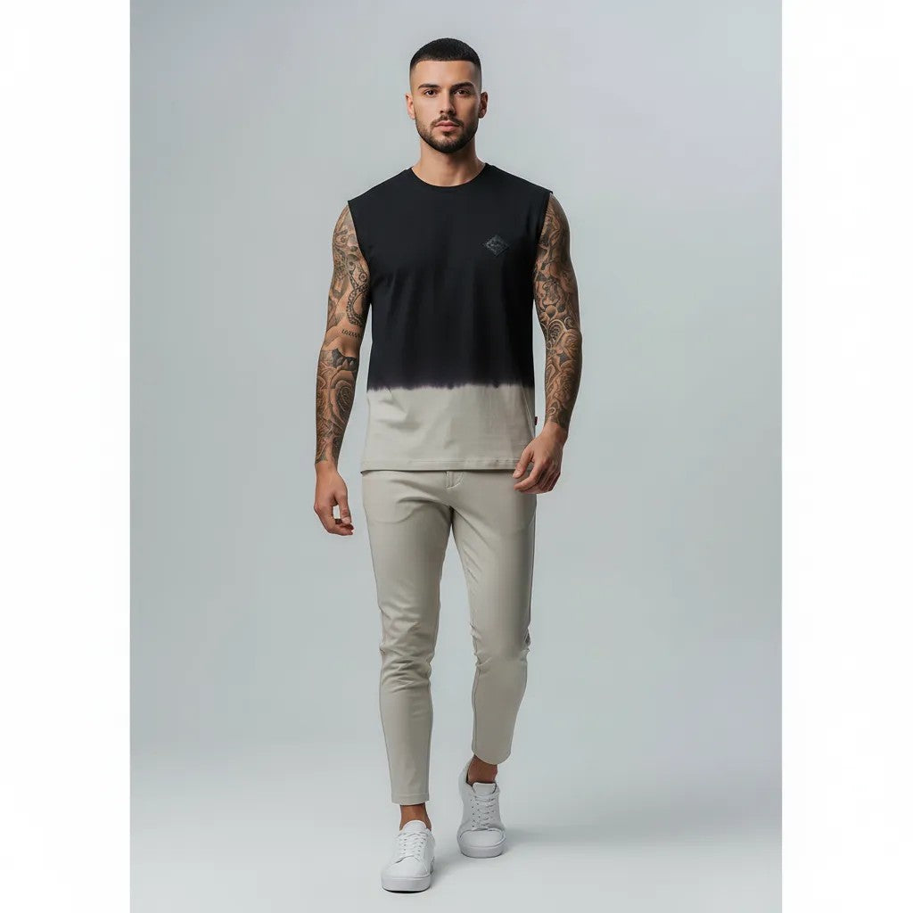 Vallmountbotique sleeveless black and light grey dip-dye cotton blend tank top on a male model.