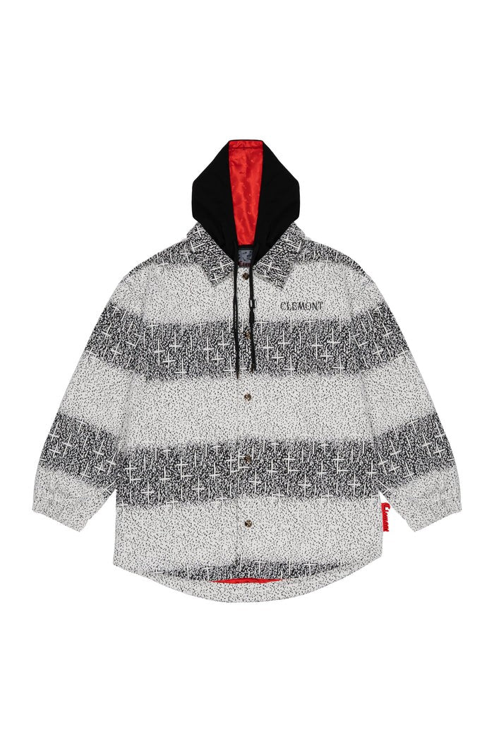 Vallmountbotique black and white striped hooded jacket with red lining and cross motifs.
