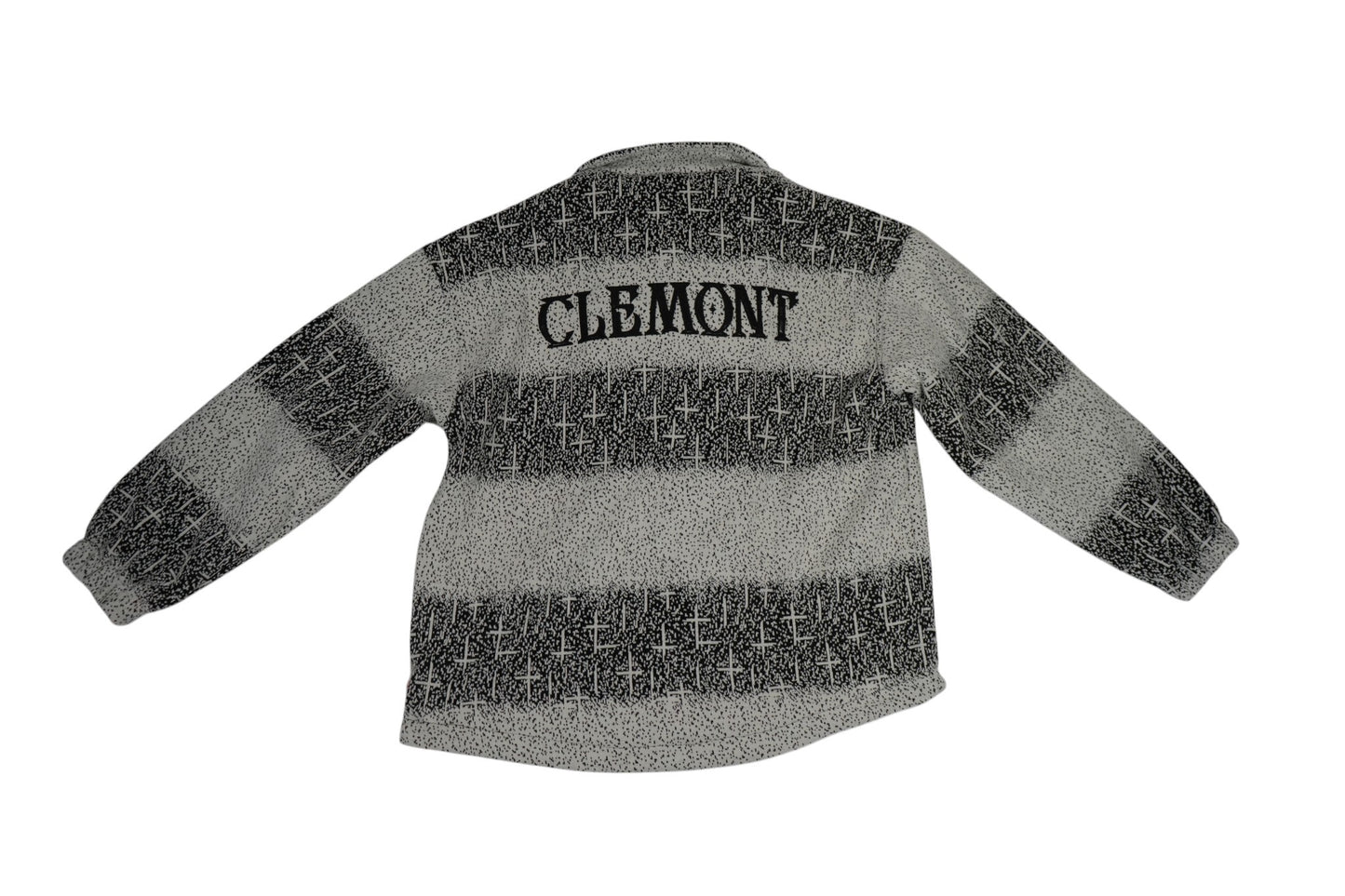 vallmountbotique black and white striped knit jacket with "CLEMONT" text and cross pattern
