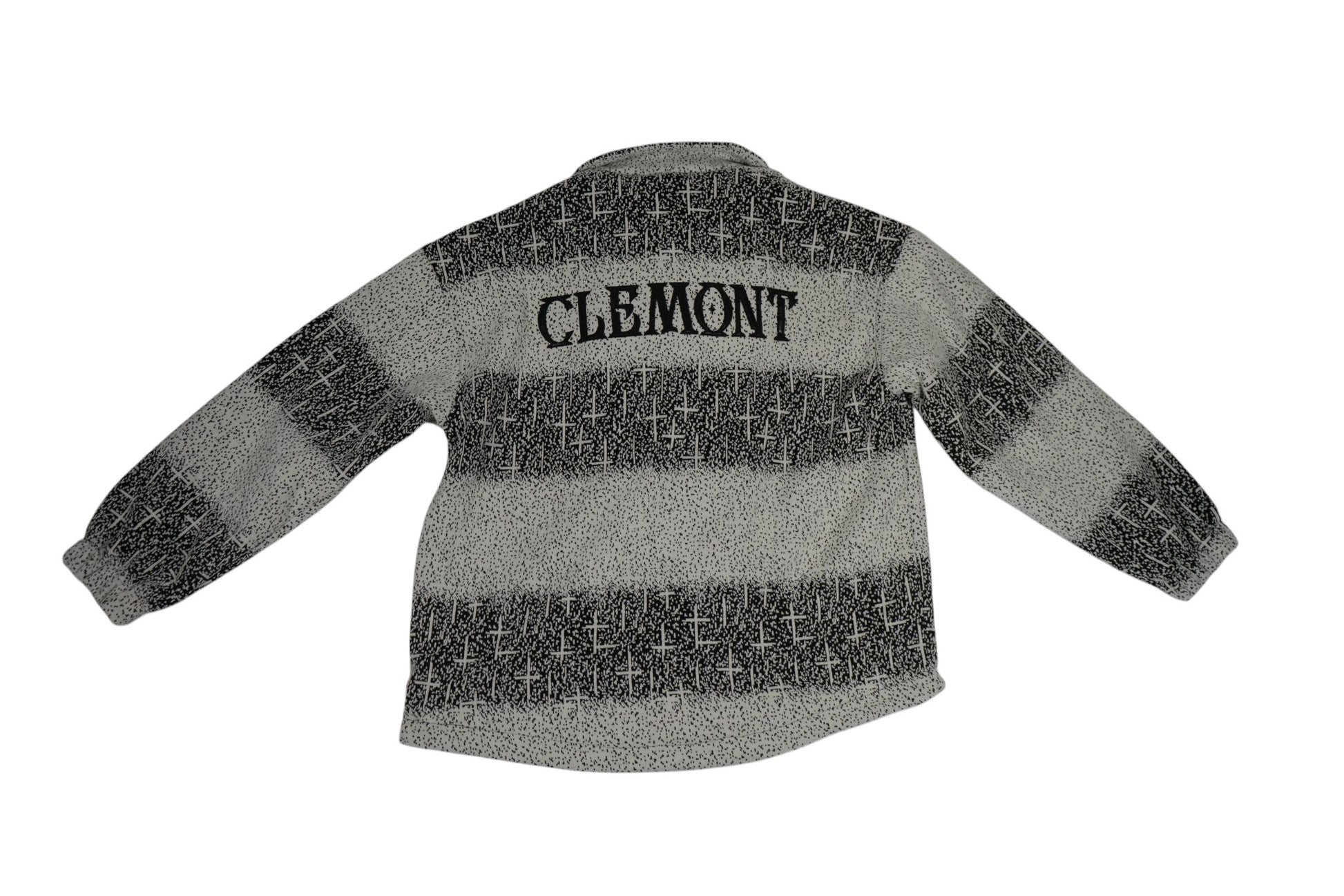 vallmountbotique black and white striped knit jacket with "CLEMONT" text and cross pattern
