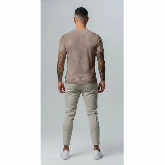 Vallmountbotique men's taupe tie-dye cotton blend crew neck t-shirt with slim fit and short sleeves.