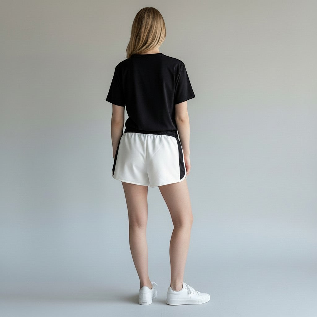 Vallmountbotique white athletic shorts with black side stripe and contrast piping, elastic waistband, drawstring, zippered pockets.