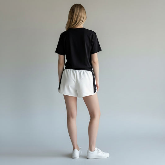 Vallmountbotique white athletic shorts with black side stripe and contrast piping, elastic waistband, drawstring, zippered pockets.
