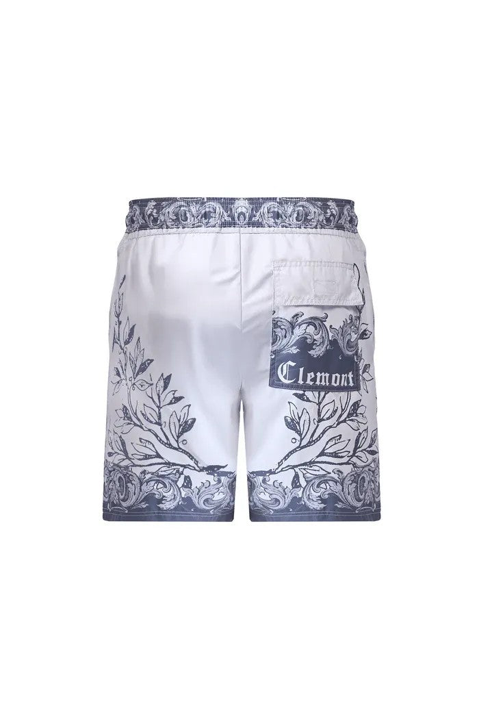 Vallmountbotique white swim shorts with baroque cherub print and adjustable drawstring.