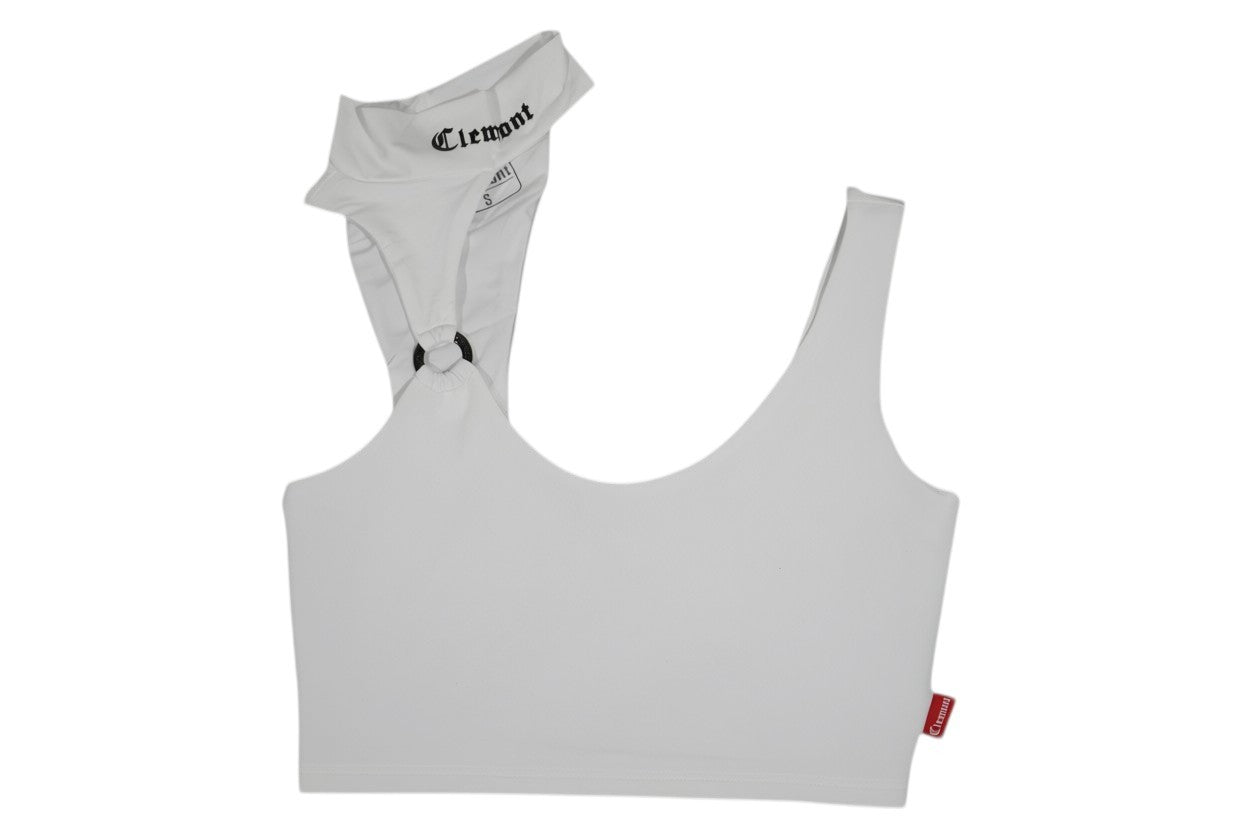 vallmountbotique white athletic cutout tank top with metal ring accent and black lettering.
