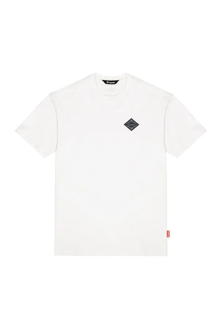 Vallmountbotique white oversized cotton t-shirt with crew neck and embroidered diamond logo on chest.