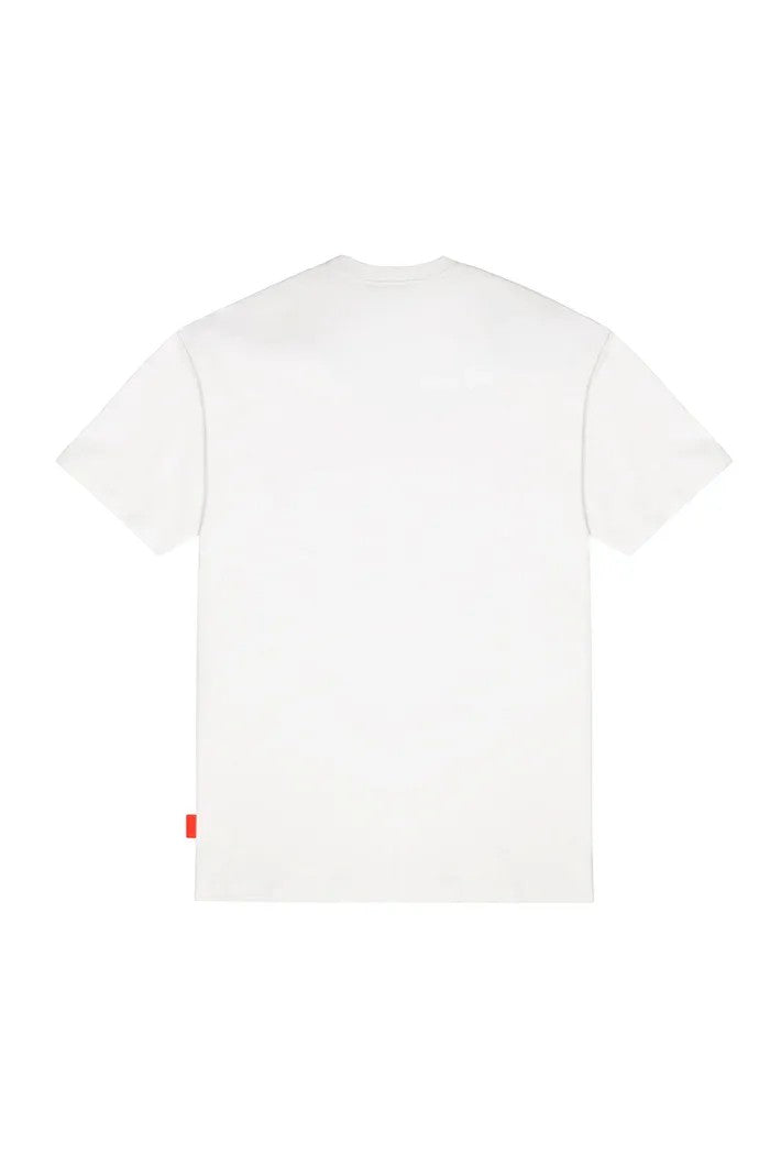 Vallmountbotique white oversized cotton t-shirt with crew neck and embroidered diamond logo on chest.
