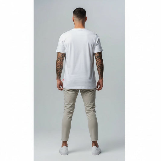vallmountbotique white oversized cotton t-shirt with crew neck and embroidered diamond logo on chest.