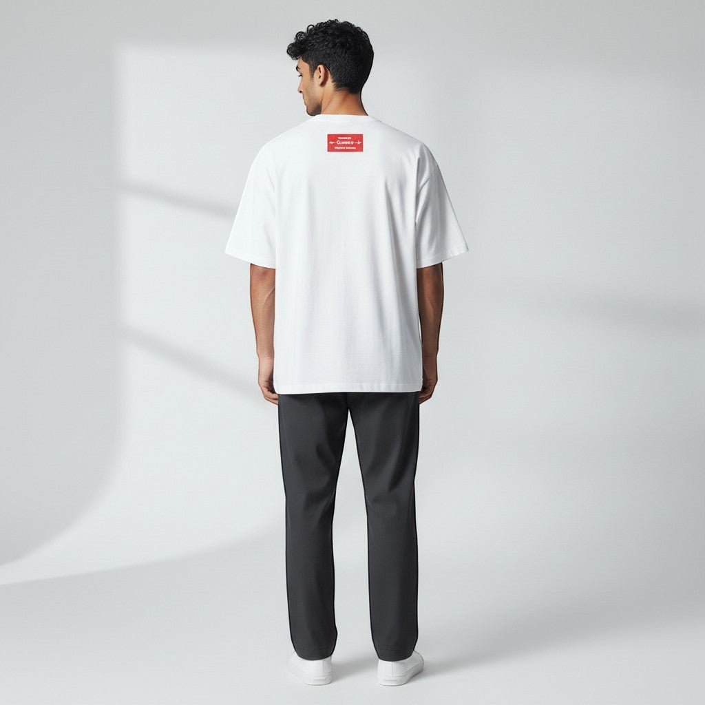 vallmountbotique oversized white cotton t-shirt with red logo detail on back neck, crew neck, short sleeves.