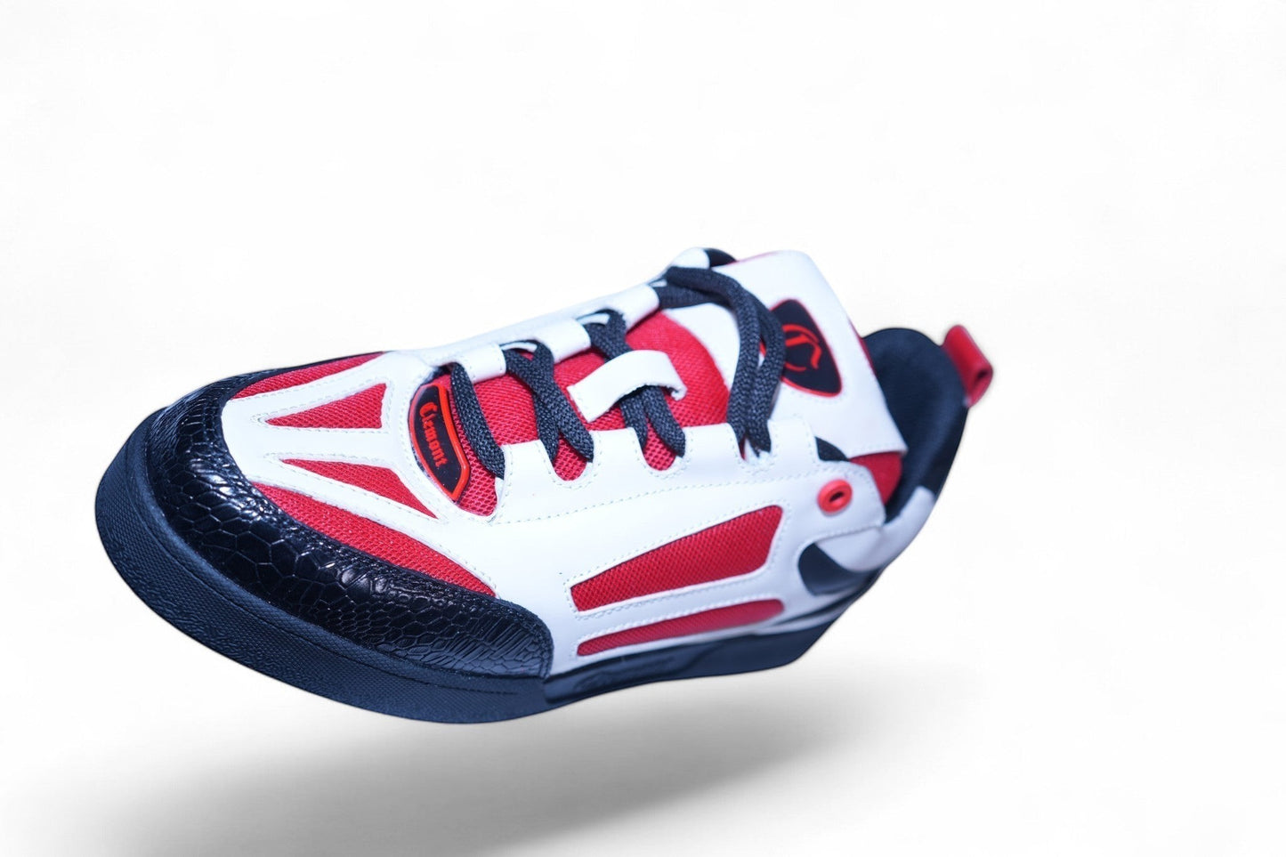 vallmountbotique white and red athletic sneakers with black accents and textured toe box
