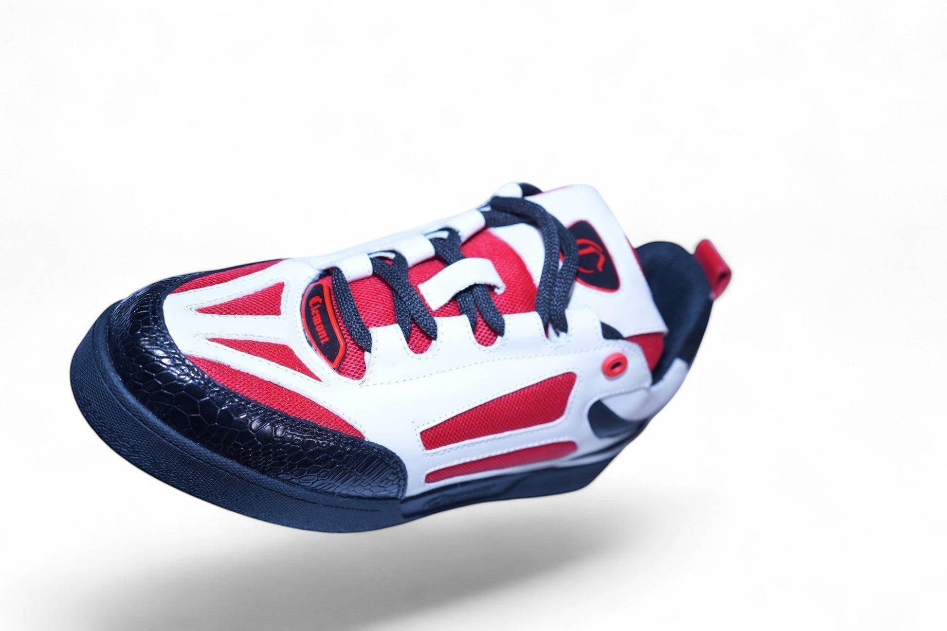 vallmountbotique white and red athletic sneakers with black accents and textured toe box