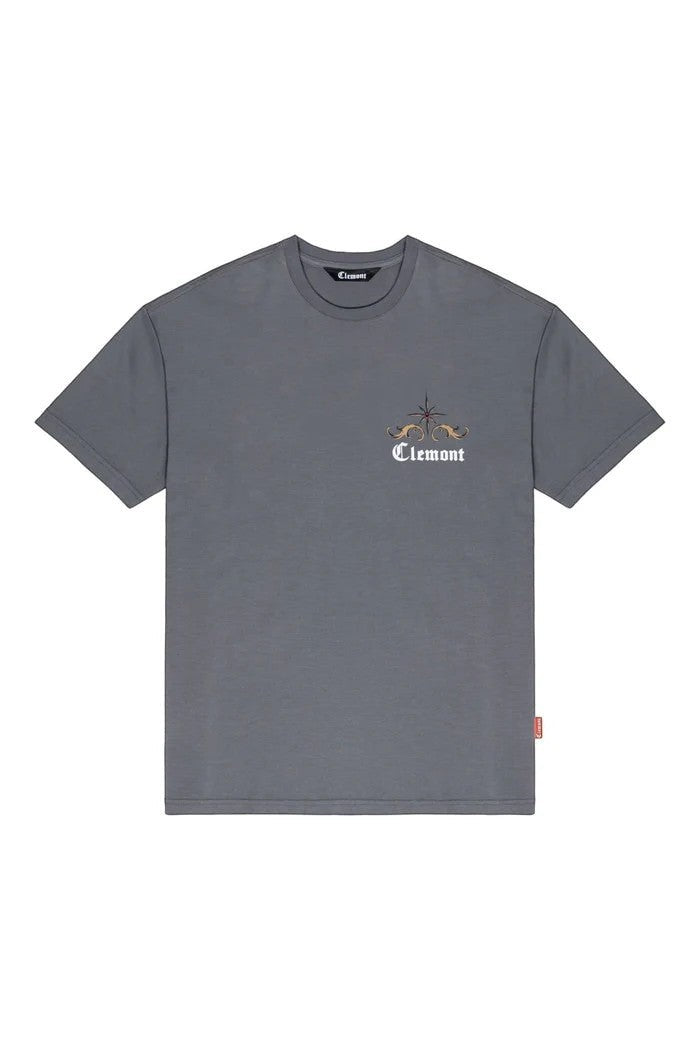 Vallmountboutique grey cotton t-shirt with ornate crown graphic on chest and subtle logo.