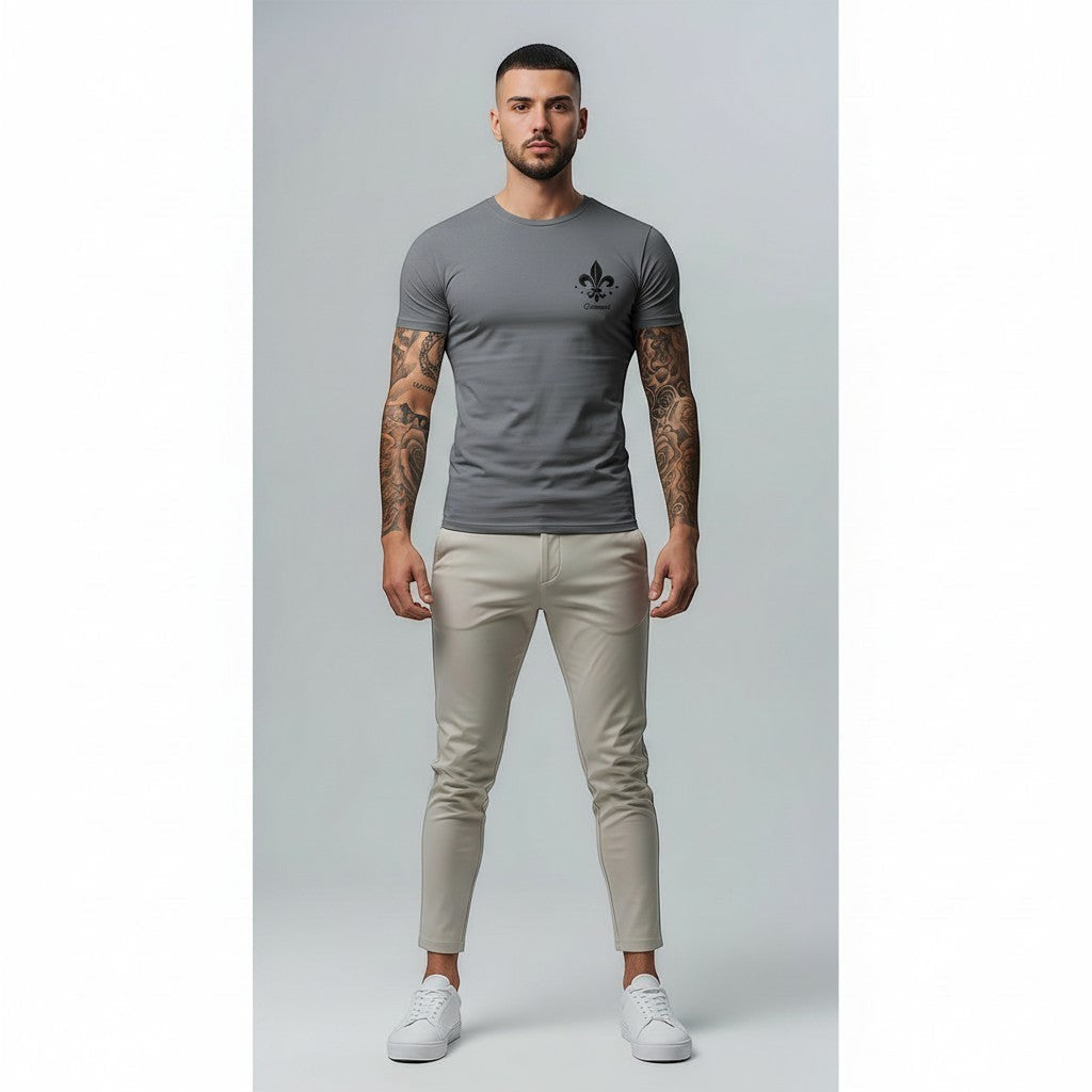Vallmountboutique men's grey slim fit crew neck t-shirt with embroidered emblem on chest, made of cotton.