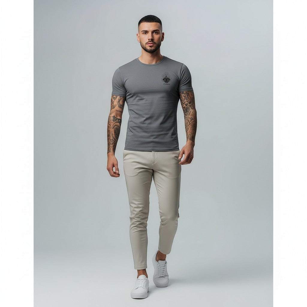 Vallmountboutique men's grey crew neck short sleeve t-shirt with embroidered emblem on chest, slim fit, cotton.