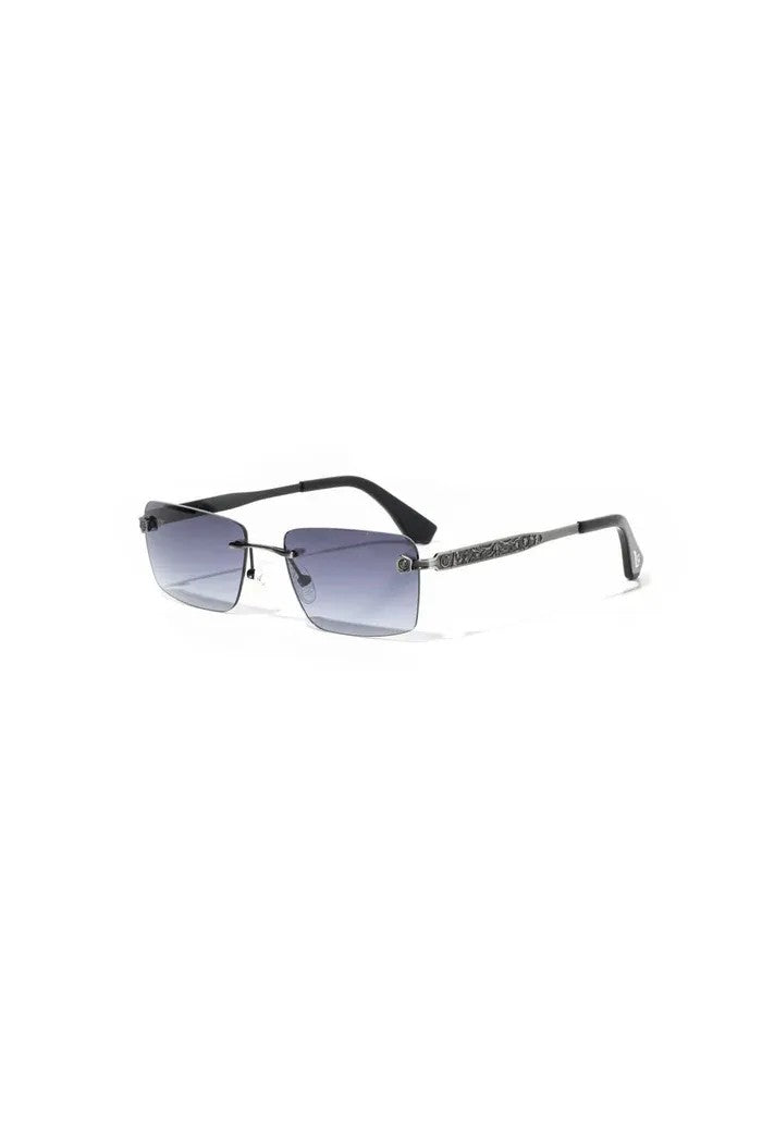 Vallmountboutique rimless rectangular sunglasses with gradient blue lenses and intricate silver-tone temple detailing.